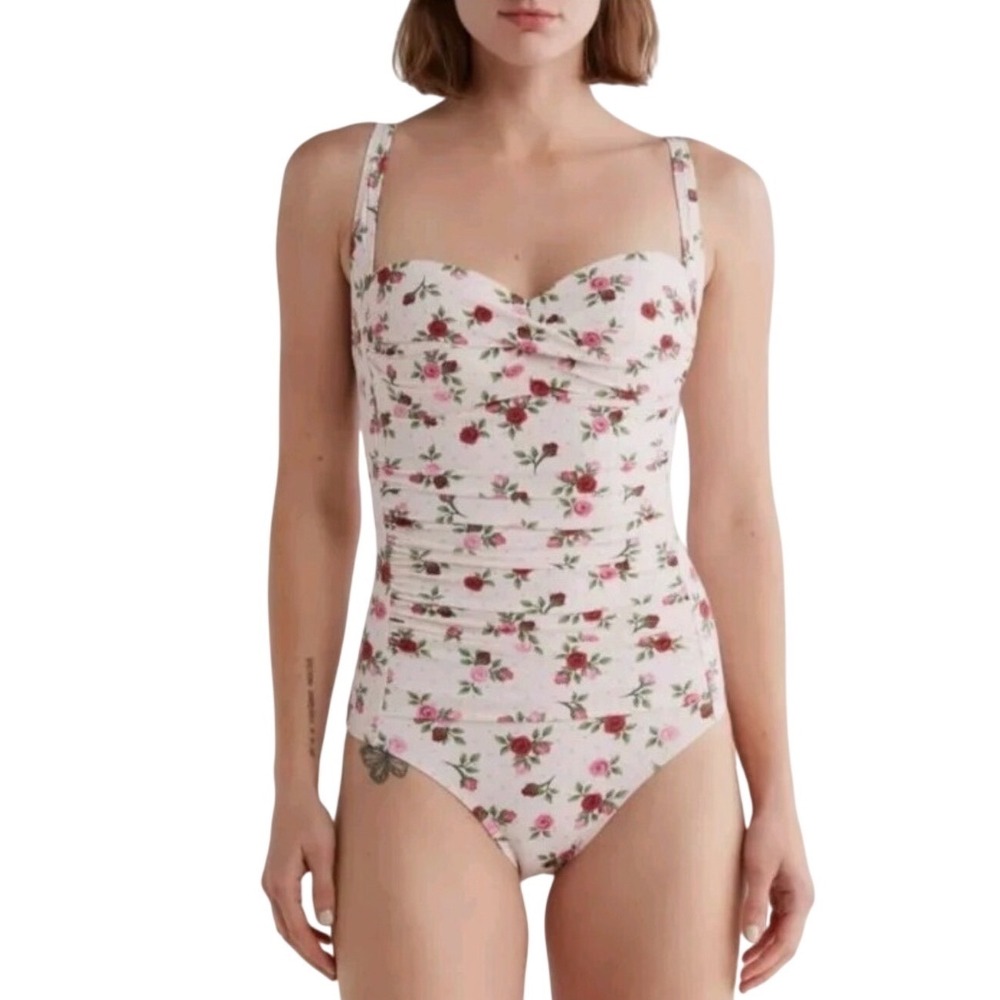 NWT Betsey Johnson Barely There Rose Printâ 1PC Bandeau Swimsuit Cream Floral L